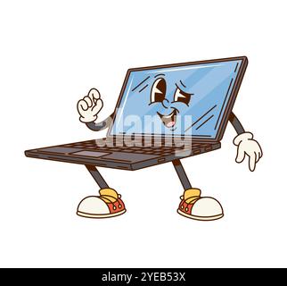 Groovy computer notebook or laptop character with funny face, vector retro cartoon. Groovy funky comic laptop notebook with smile and winking in positive vibes for computer emoji in retro cartoon Stock Vector