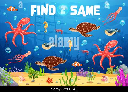 Find two same cartoon sea underwater animals. Vector worksheet riddle invites kids to find identical creatures among sea turtle, octopus, crab and fish. Puzzle for children with bright marine life Stock Vector