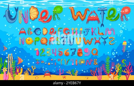 Sea Creatures Text Sea animal font, marine underwater type, aquatic typeface. English ...