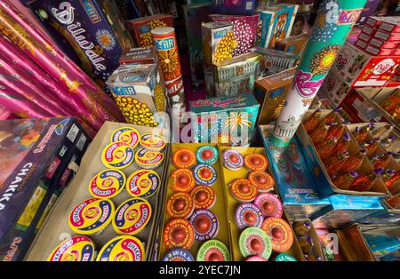 Various firecrackers displayed for sell at a market on the eve of Diwali, the Hindu festival of lights, in Guwahati, India on October 30, 2024. Diwali, also known as the Festival of Lights, is one of the most widely celebrated Hindu festivals, symbolizing the victory of light over darkness and good over evil. Credit: David Talukdar/Alamy Live News Stock Photo