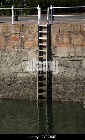 Ladder on harbour wall with tide line for use as a background Stock Photo