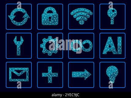 AI web technology collection icon set. Business symbols internet, password, update, arrow, idea, mail, settings icons. Low poly polygonal blue web Stock Vector