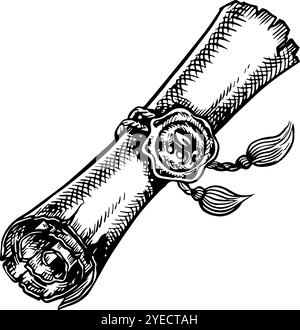 An ancient scroll sealed with a seal. Vector black and white graphics. Hand-drawn illustration on a white background. An element of the design of post Stock Vector