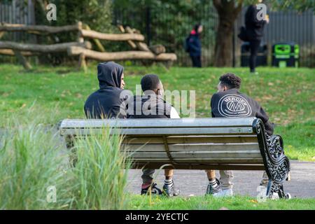 three young black males sitting on a park bench together talking and relaxing. Stock Photo