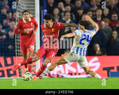 Brighton, UK. 21st Sep, 2024. Brighton, England - October 30: Liverpool's Luis Diaz (left) battles with Brighton & Hove Albion's Ferdi Kadıoglu during the Carabao Cup 2024/25 match between Brighton & Hove Albion FC v Liverpool FC at Amex Stadium on October 30, 2024 in Brighton, England. (David Horton/SPP) Credit: SPP Sport Press Photo. /Alamy Live News Stock Photo