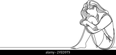 continuous line drawing of Exhausted sad young man covering his face by ...