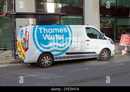 Side view of Thames Water white van and logo parked on street near London Wall  in the City of London England UK October 2024 KATHY DEWITT Stock Photo