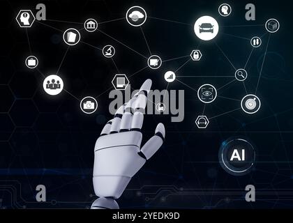 Artificial intelligence, futuristic concept. Robot hand pointing at different icons on dark background Stock Photo