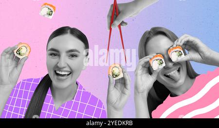 Friends with yummy sushi rolls on color background, creative collage. Banner design Stock Photo