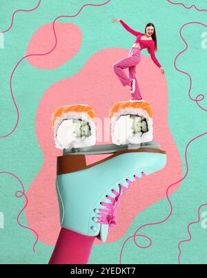 Yummy sushi rolls with salmon on roller skate and dancing girl color background, creative collage Stock Photo