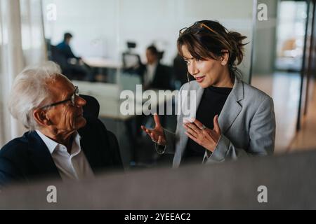Female entrepreneur gesturing while discussing ideas with senior businessman Stock Photo