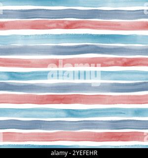 Watercolor teal blue red stripes on white background. Multicolor striped seamless pattern. Watercolour hand drawn stripe texture. Print for cloth desi Stock Photo