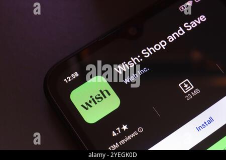 October 31, 2024, Brazil. In this photo illustration, the Wish: Shop and Save app logo is displayed on a smartphone screen Stock Photo