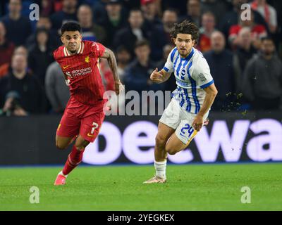 Brighton, UK. 21st Sep, 2024. Brighton, England - October 30: Liverpool's Luis Diaz (left) and Brighton & Hove Albion's Ferdi Kadıoglu (right) during the Carabao Cup 2024/25 match between Brighton & Hove Albion FC v Liverpool FC at Amex Stadium on October 30, 2024 in Brighton, England. (David Horton/SPP) Credit: SPP Sport Press Photo. /Alamy Live News Stock Photo