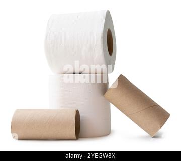 Two rolls of white tissue paper or toilet paper with cores or tubes in stack is isolated on white background with clipping path. Stock Photo