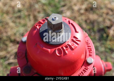 Top of red metal fire hydrant close-up Stock Photo