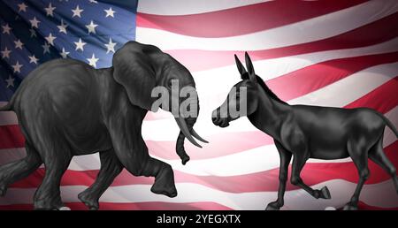 US Left And Right Politics and American Election Vote or United States Elections as an Elephant and Donkey as republican and Democrat campaign. Stock Photo