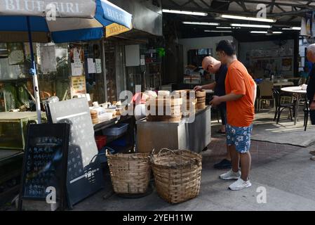 Chinese Boa dumplings and other breakfast items sold at the Lung Wah restaurant at the waterfront in Yung Shue Wan, Lamma Island, Hong Kong. Stock Photo