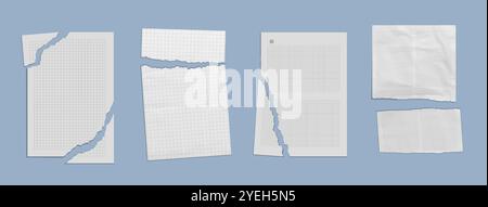 Torn paper sheets set isolated on background. Vector realistic illustration blank crumpled notebook pages with uneven edges, damaged wrinkled piece of document or letter, worn notepaper mockup Stock Vector