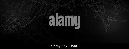 Delicate white spider web structure on dark backdrop. Tricky insect network with thin threads interconnecting at various points pattern. Realistic spooky border with natural cobweb stretches. Stock Vector