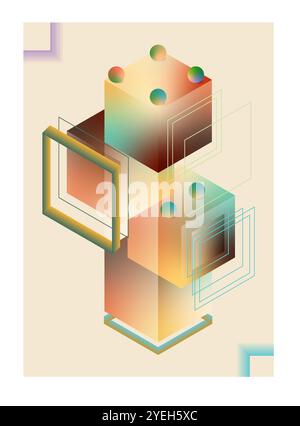 Stacked gradient cubes, spheres, and geometric lines suitable for modern designs, abstract backgrounds, technology concepts, and digital art projects. Stock Vector