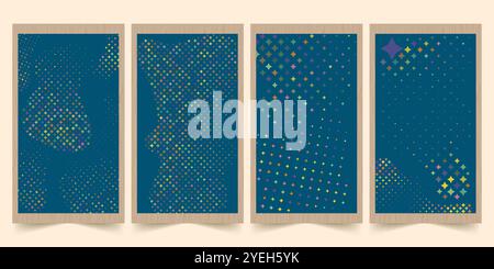 Four wood framed panels with blue background, colorful star patterns suitable for website banners, social media posts, or digital backgrounds. Stock Vector