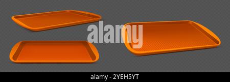 Orange plastic serving trays with textured non slip surface from different angles of view. Rectangular cafeteria food containers mockup with raised edges and pattern on base for carrying lunch. Stock Vector