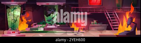 Damaged spacecraft laboratory in fire flames spreads near scientific equipment, emergency lights glow red, broken test tubes spill glowing substances, experimental plants in cracked containers. Stock Vector