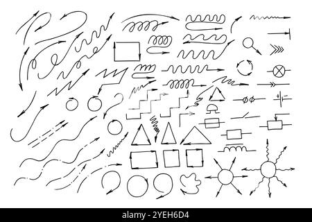 Vector arrows symbol doodle on different shapes and variation graphic sketch illustration. Simple line art of curve, for business projects Stock Vector