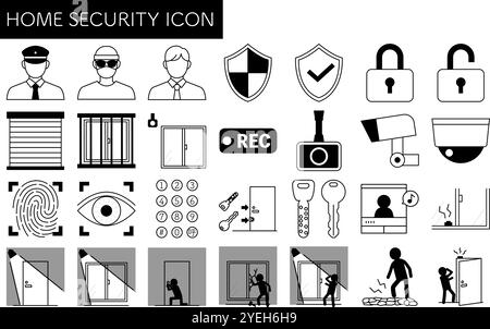 Prevention of crime and Home Security, black and White Icons, Vector Illustration Stock Vector