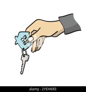 hand holding house key illustration vector isolated on white background Stock Vector