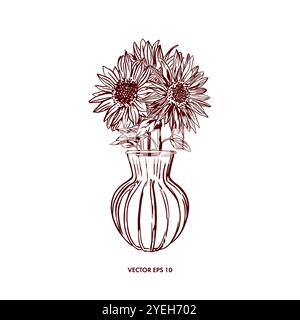 Sunflowers in a vase. Vector illustration of a rustic flower bouquet. Graphic style. Birthday cards, invitations, banners, posters, autumn menu design Stock Vector
