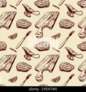 Meat steak seamless pattern. Grill, board, sauce, fork, lemon, rosemary. Vector illustration in graphic style. Wrapping paper, labels, covers, napkins Stock Vector