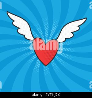 Flying red heart with white wings on blue rays background. Angel heart in pop art style. Vector illustration Stock Vector
