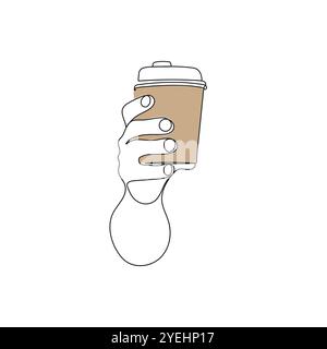 Hand holding paper cup of coffee or tea to takeaway. One line art. Reusable mug of hot drink. Hand drawn vector illustration. Stock Vector