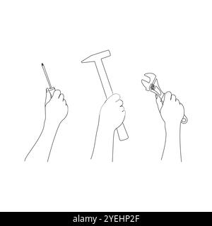 Human hands hold repair tools. Working tools - hammer, spanner, screwdriver. One line art. Hand drawn vector illustration. Stock Vector