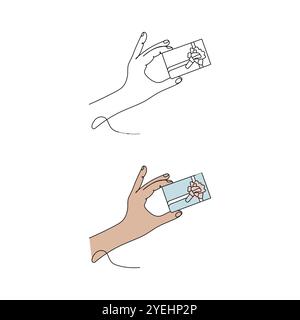 Human hand holding a gift box. Line art. Present box with bow. Hand drawn vector illustration. Stock Vector