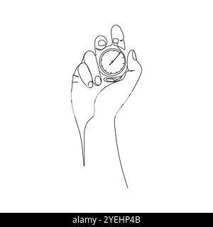 Human hand holding stopwatch. One line art. Sport timer for competitions. Measurement and time management concept. Vector illustration. Stock Vector