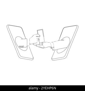Hand giving money to other hand. One line art. Online payments concept. Hand drawn vector Illustration. Stock Vector