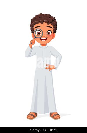 Young Arab boy looking through a magnifying glass. Cartoon vector illustration. Stock Vector