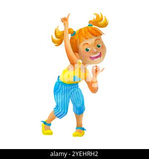 Freckled school-age girl dancing, celebrating holiday. Party concept. Isolated watercolor character for design of cards, posters, t-shirt printing Stock Photo