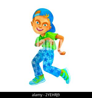 Comical preteen boy dancing, celebrating holiday. Party concept. Isolated watercolor character for design of cards, posters, t-shirt printing Stock Photo