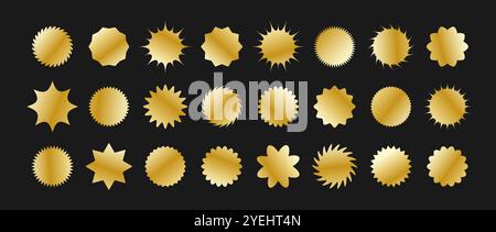 Starburst price. Set of circles with sharp and waves edge. Simple flat style Vector labels. Golden shopping icons. Metallic tags Stock Vector