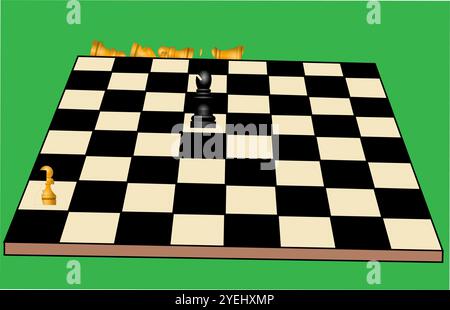 Chessboard and chess pieces on green background Stock Vector