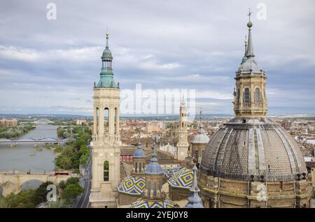 Aerial view of Zaragoza cityscape, Top view of the domes and roof tiles from the tower of Cathedral-Basilica of Our Lady of the Pillar, Zaragoza, prov Stock Photo