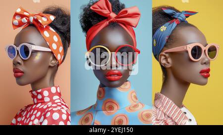 Three models wearing colorful sunglasses and hair bows amid a lively backdrop Stock Photo