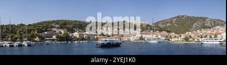 View from the sea to the harbour and the fortress, panoramic view, town of Hvar, island of Hvar, Dalmatia, Croatia, Europe Stock Photo