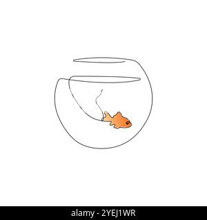 Gold fish in an aquarium. Small fish in glass bowl. One continuous line drawing. Hand drawn vector illustration. Stock Vector