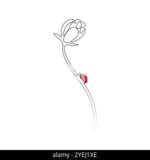 Ladybug sitting on flower. One line art. Spring vector illustration. Stock Vector