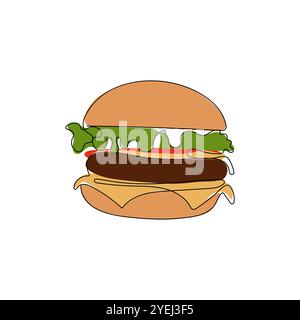 Hamburger in one continuous line drawing style. Fast food cheeseburger. Street food concept. Hand drawn vector illustration. Stock Vector